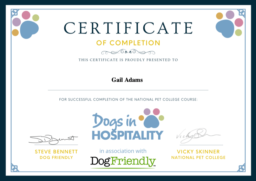 Gail Adams certification in Dogs in Hospitality